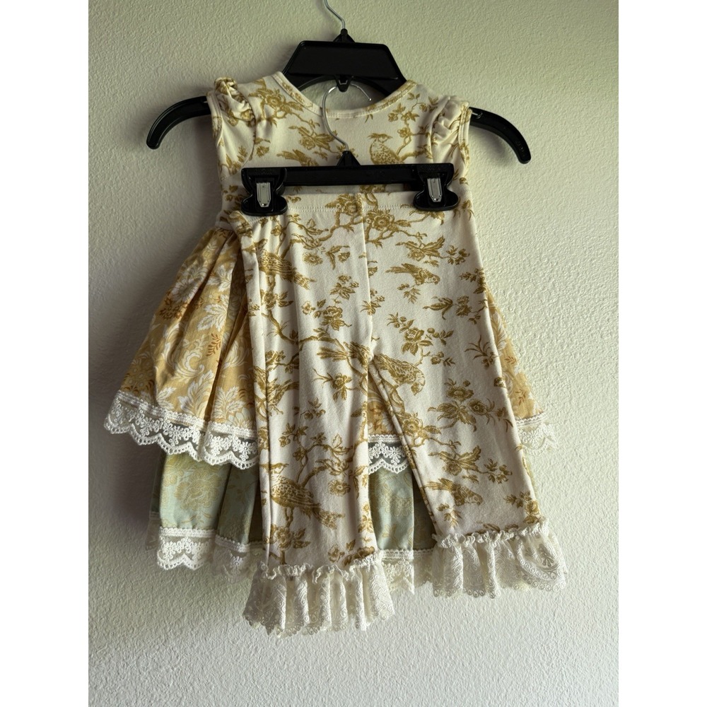 Giggle Moon Dress/top & Pants Girl Size 3T Toddler Cream Green Ruffle Floral